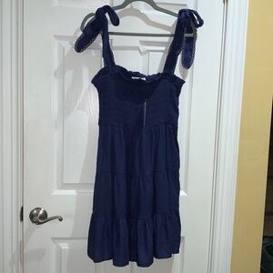 Makk blue smocked tiered sundress Sz L tie shoulder straps lace trim New